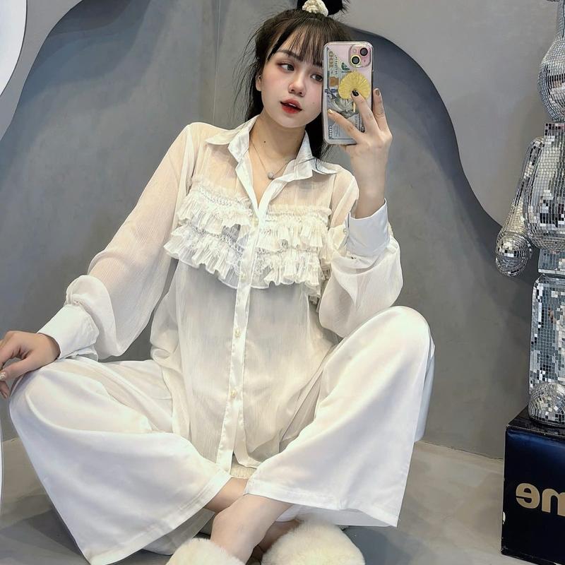 Bộ Đồ Ngủ Nữ Tay Dài Chất Lụa Latin Mềm Mại Phối Vải Voan Có Lót Trong Freesize Women setdomac nhaxinh pizamanu 5