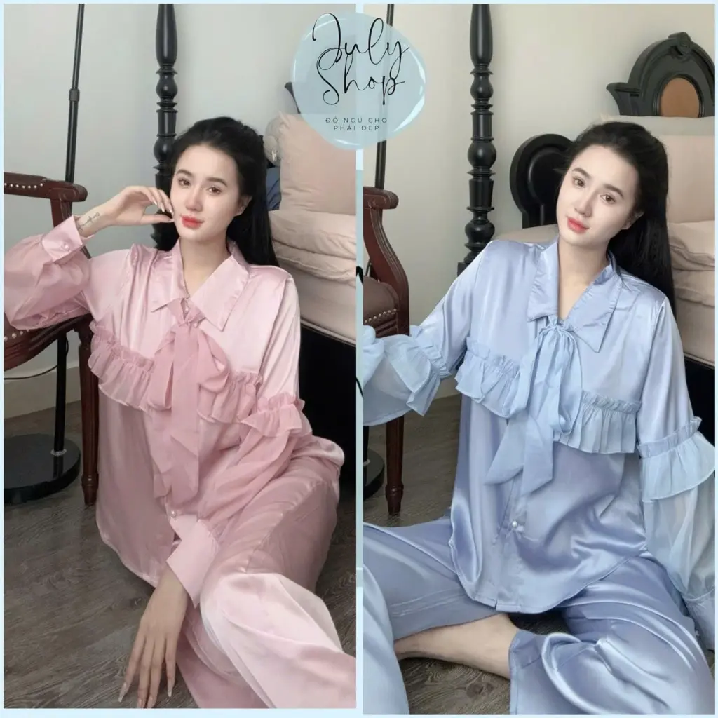 Đồ Bộ Tiểu Thư JULY Cổ Sơmi Cột Nơ Nhún Bèo Tay Dài Phối Voan Tơ Siêu Xinh Chất Lụa Latin Freesize <58kg