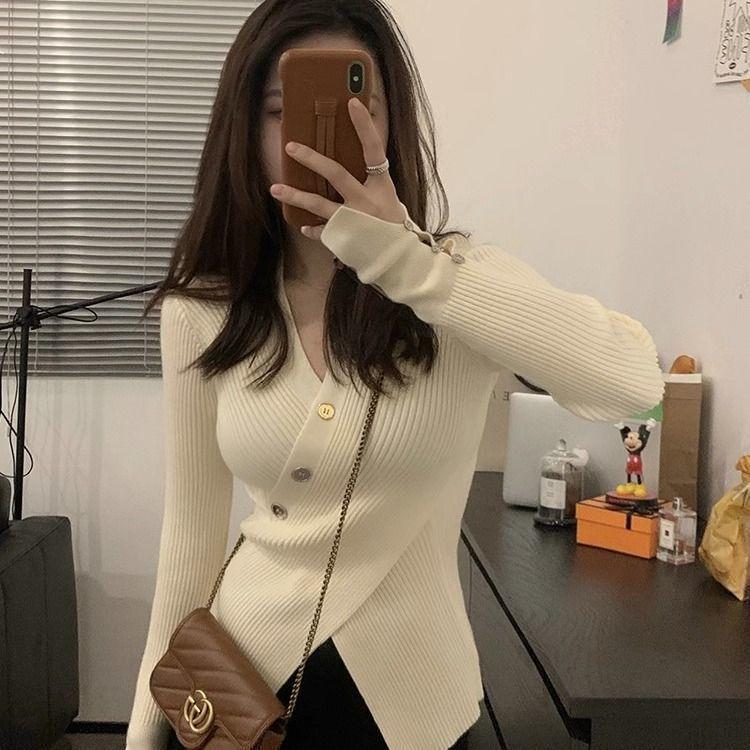 Áo Len Thiết Kế Bất Đối Xứng Áo Lớp Nền Bên Trong, Dành Cho Nữ, Trang Phục Mùa Thu Và Mùa Đông, Cao Cấp, Mỏng Vừa Vặn, Hiệu Ứng Bó Sát, Áo Len Quần Áo Mùa Thu Top Women