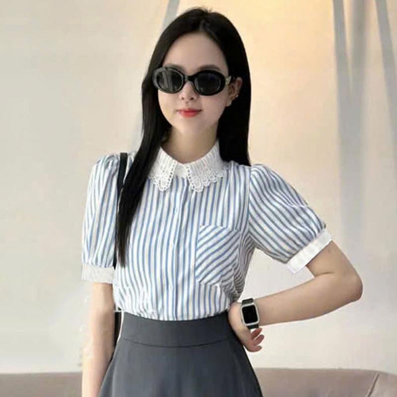 ZUMY fashion áo sơ mi kẻ sọc phối cổ ren AKR110 trẻ đẹp mềm mát