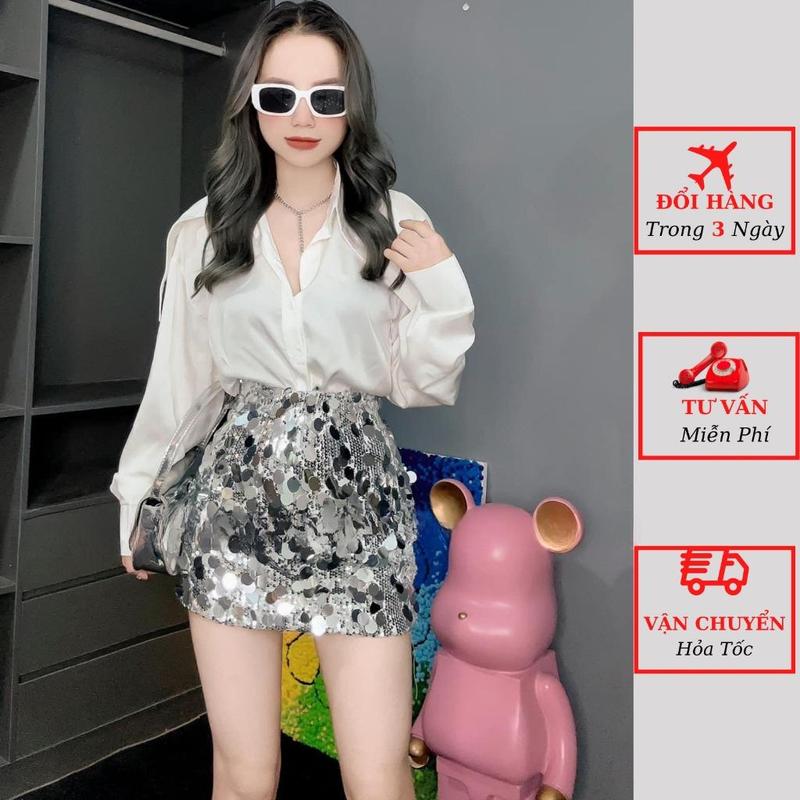 Set áo sơ mi lụa nữ kèm chân váy nhũ kim sa dáng ngắn sexy đi tiệc ulzzang Hàn Quốc