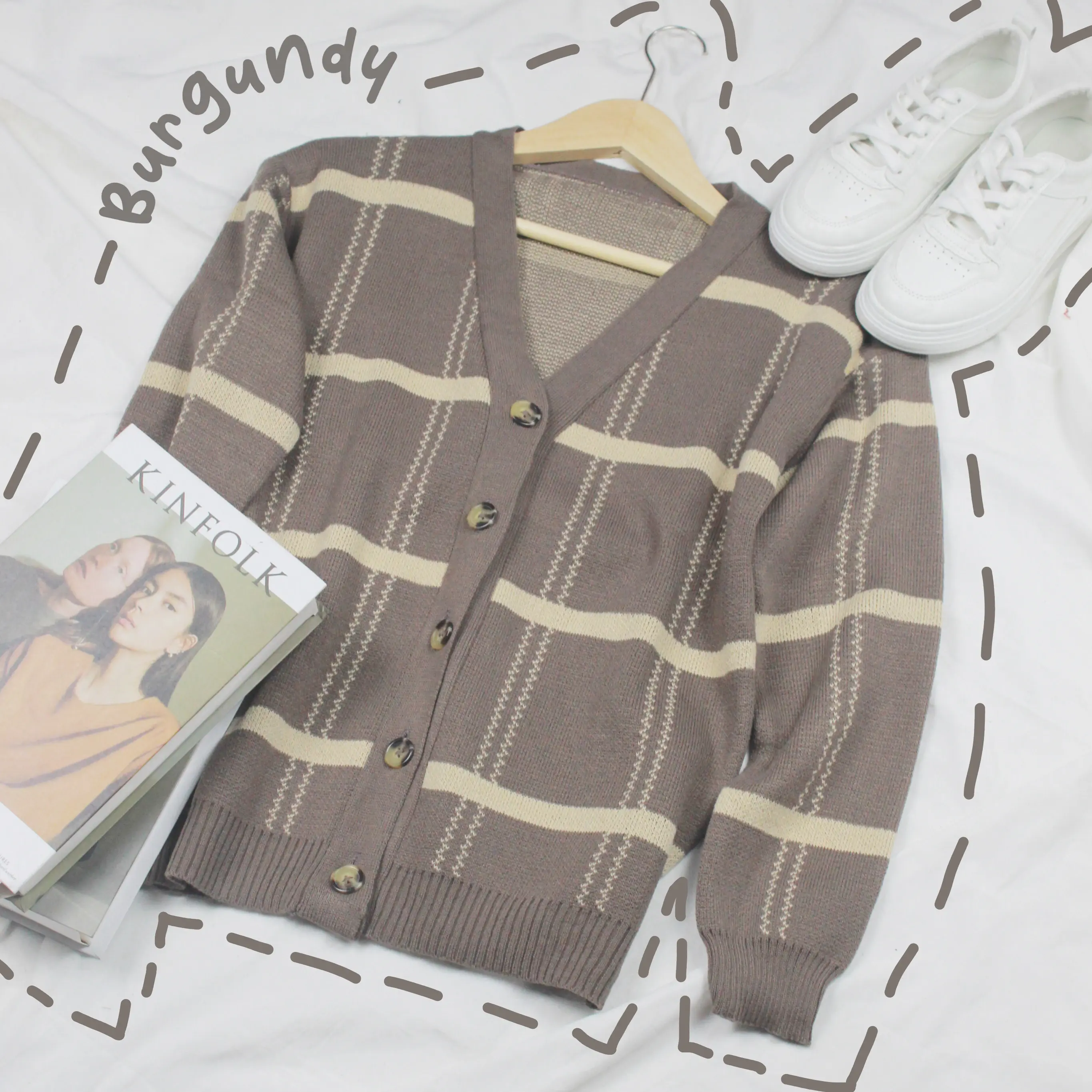 Sean Cardigan Rajut Wanita Oversize Motif Kotak Fit  Panjang  Kancing  Outer  Casual Sweater Knitwear