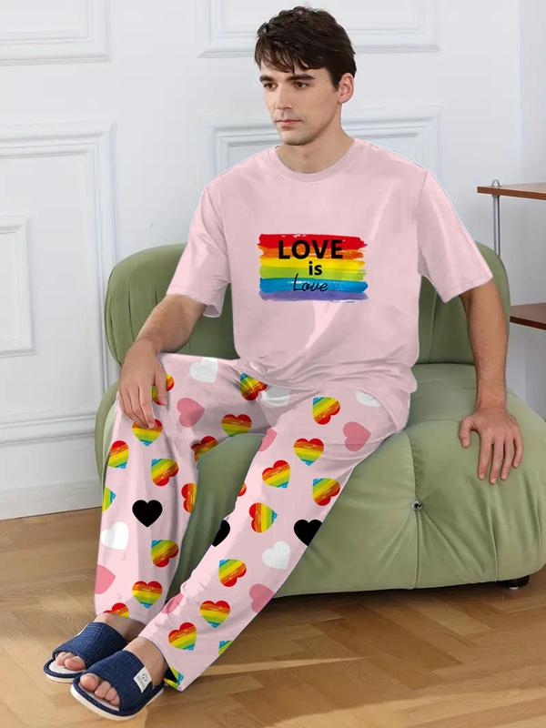 LGBTQ+ Men's 2pcs Heart Print Tee & Letter Print PJ Pants Loungewear Set, Summer Clothes, Round Neck Short Sleeve T-Shirt & Trousers PJ Set, Menswear, Men's Sleepwear Homewear For Summer 5