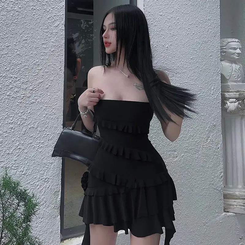 Đầm Dự Tiệc Mini Mùa Hè, Dành Cho Nữ, Không Tay, Trễ Vai, Xếp Ly Xếp Tầng Bất Đối Xứng Đầm Áo Ống Women Dress Tre Ong
