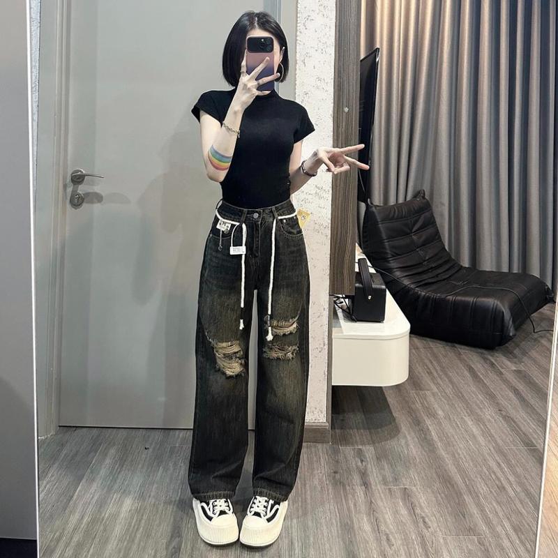 Quần jean rách gối MELINA (tặng kèm dây) quần bò ống suông cạp cao màu đen ánh rêu size S M L 8841 quần  jean