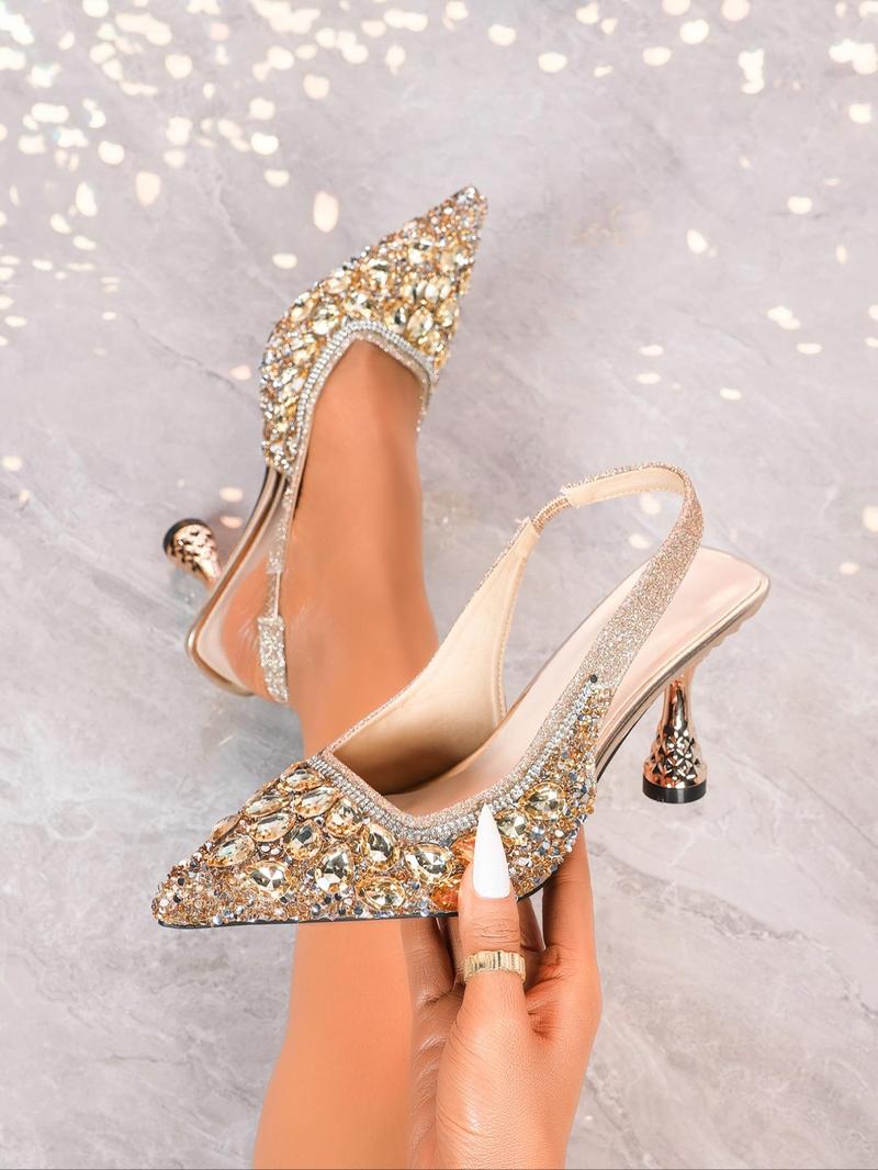 Product Introduction of Women's Elegant Rhinestone Decorated Pointed Toe Heels, Exquisite Trendy High Heel Sandals, Fashionable Heels for Party & Wedding, Classy 7