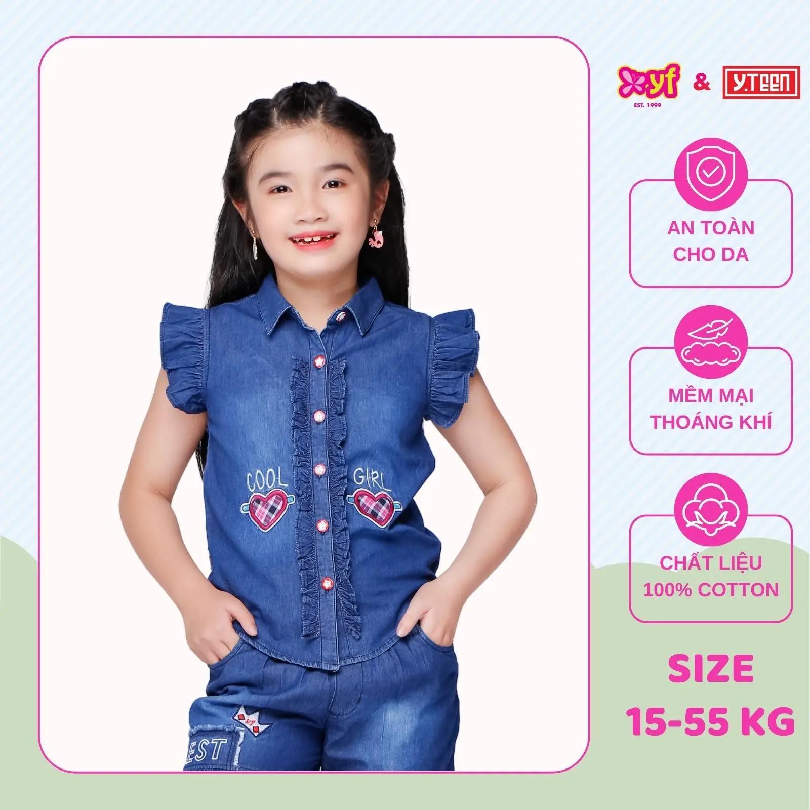 YF Áo Sơ Mi Jean Thêu Cool Girl Năng Động Cho Bé Gái Thiết Kế Tay Bèo Xinh Xắn Chất Cotton Thoáng Mát Cho Bé 9AX534