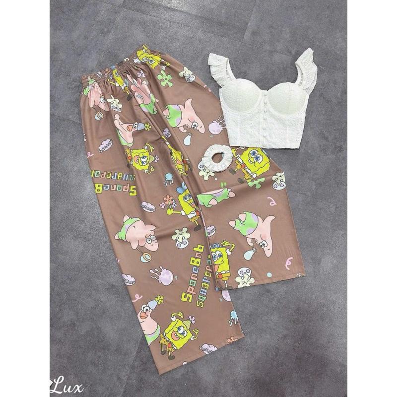 Set Bộ Áo Hai Dây Ren Cánh Tiên Xô Nút Bọc + Quần Ống Xuông Rộng Bọt Biển Nâu KÈM CỘT TÓC