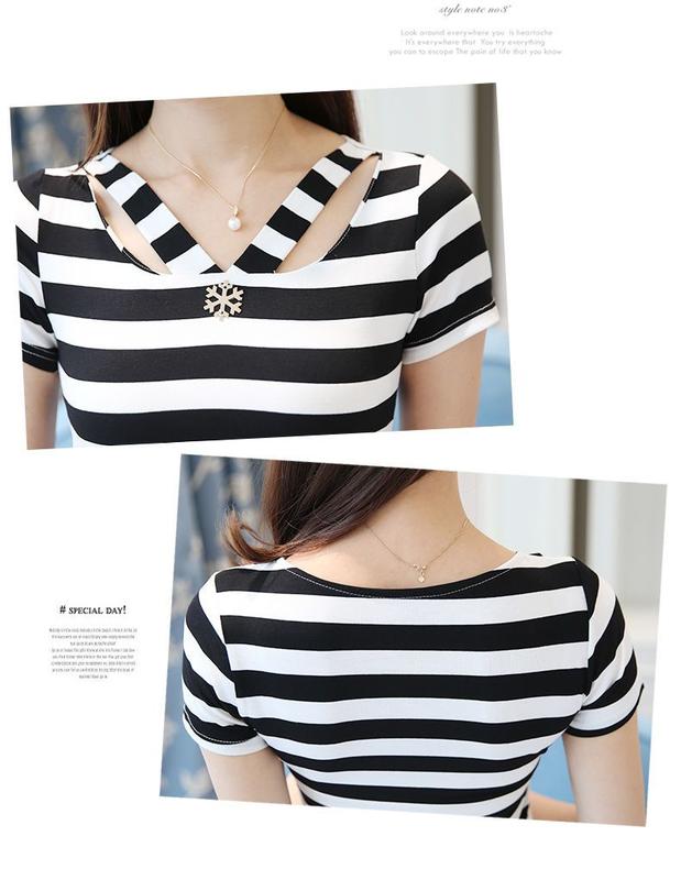 Product Introduction of Women's Summer Design Striped T-shirt Thin and Slimming White V-neck Short Sleeved T-shirt 22