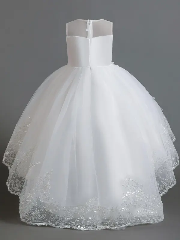 Girl's Contrast Lace Appliques Pearls High Low Hem Tulle Dress, Elegant Formal Sleeveless Zipper Back Fit & Flare Dress for Party Performance Wedding Guest, Kids Tutu Clothes for All Seasons, Tulle Overlay Dress 1