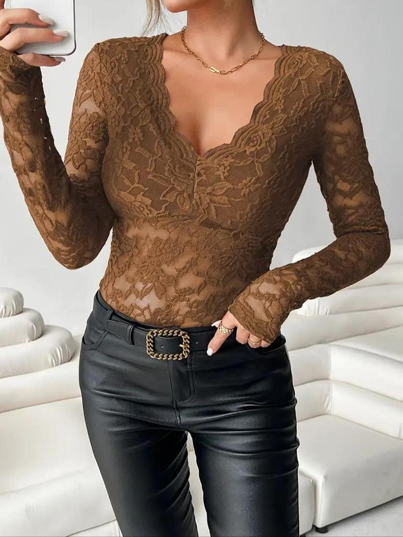 Product Introduction of Women's Plain Contrast Mesh Scallop Trim Sheer Lace Top, Casual V Neck Long Sleeve Top for Party Holiday Vacation, Ladies Clothes for All Seasons Valentine's Day, gift 20
