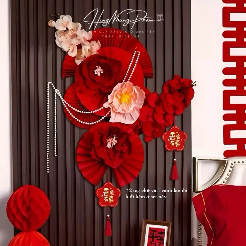 Bộ Quạt tone đỏ trang trí Tết 2025 may mắn tài lộc. Bộ quạt hoa sang trọng decor phòng cưới, văn phòng, sự kiện