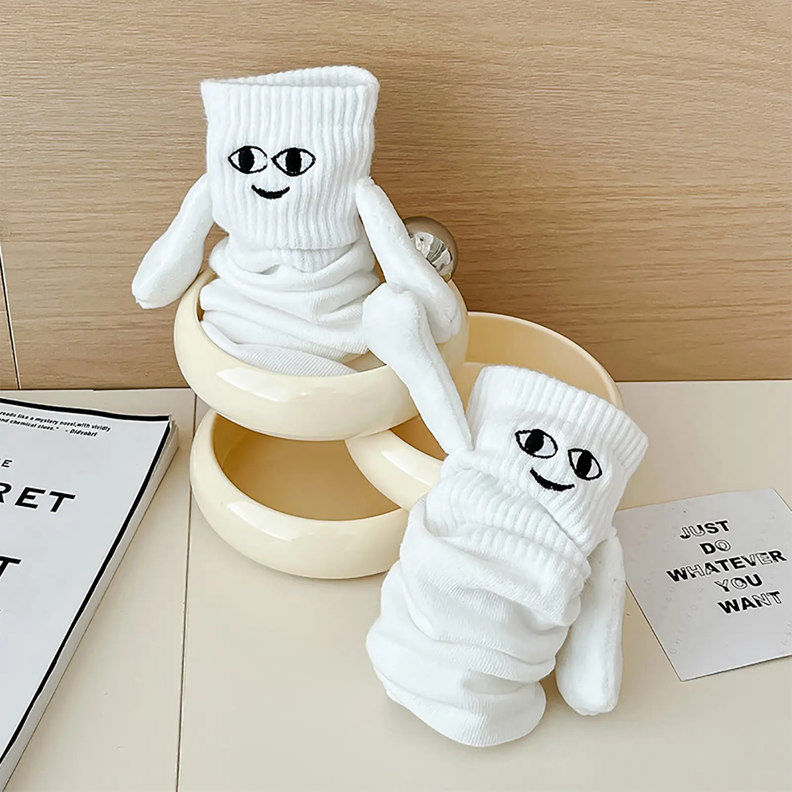 1 Đôi Tất Cặp Đôi, Nắm Tay, Liên Kết, Mặt Cười, Chống Trượt, Dày, Ống Giữa, Dễ Thương, Quà Tặng Vui Nhộn