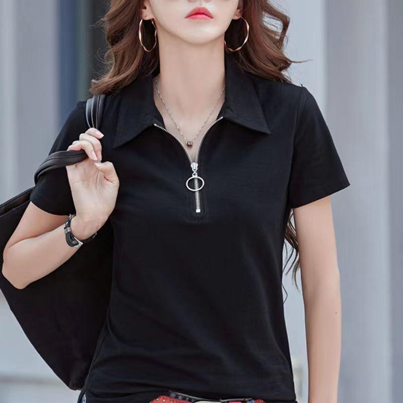 Áo Sơ Mi Nữ, Áo Phông Ngắn Tay, Hàng Mới Về Mùa Hè 2024, Cổ Polo Có Khóa Kéo, Thời Trang, Thanh Lịch, Kiểm Soát Bụng, Mỏng Vừa Vặn, Áo Sơ Mi Màu Trơn 4