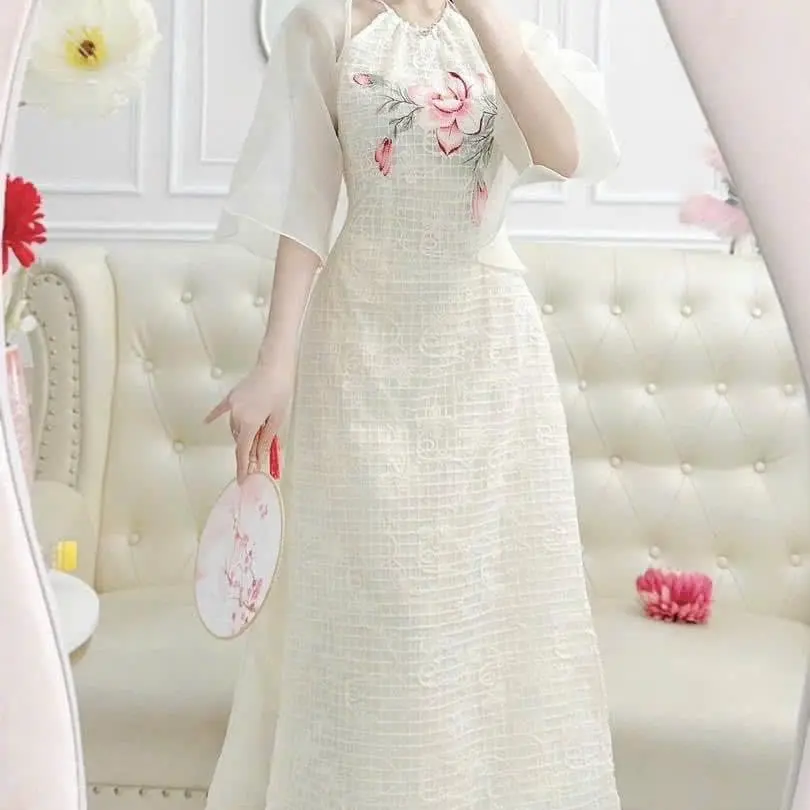Set áo dài cách điệu ngọc nữ cổ yếm mặc 2 kiểu siêu đẹp - Áo Dài Diệp Anh
