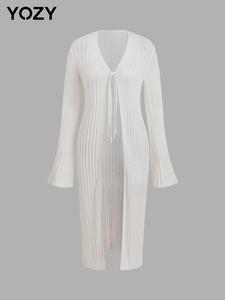 YOZY Women's Solid Hollow Out Tie Front Cardigan, Casual Flounce Sleeve V Neck Long Sleeve Cardigan for Fall, Women's Knitwear for Daily Wear