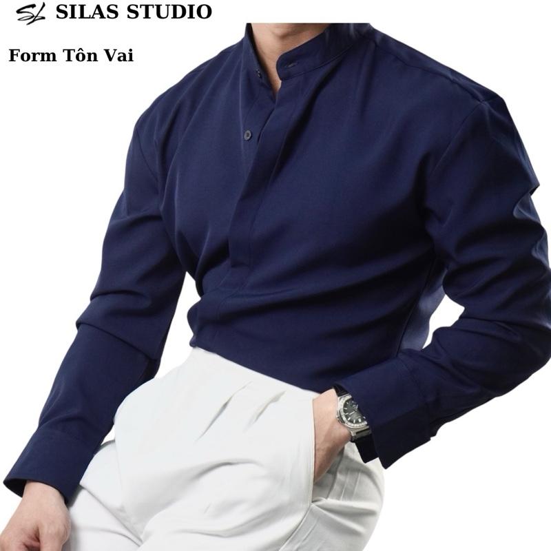 Áo Sơmi SILAS Trơn Cổ Trụ Cotton Chéo Nam Giấu Nút Thoáng Mát (Form Tôn Vai) - Cổ Tròn, Menswear Form Rộng, Ôm Eo