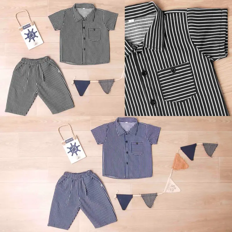 DhadomKids - SETELAN KEMEJA CELANA 7/8 SALUR ANAK LAKI LAKI & PEREMPUAN ( UNISEX) USIA 1-6 TAHUN (SALUR HITAM) 0