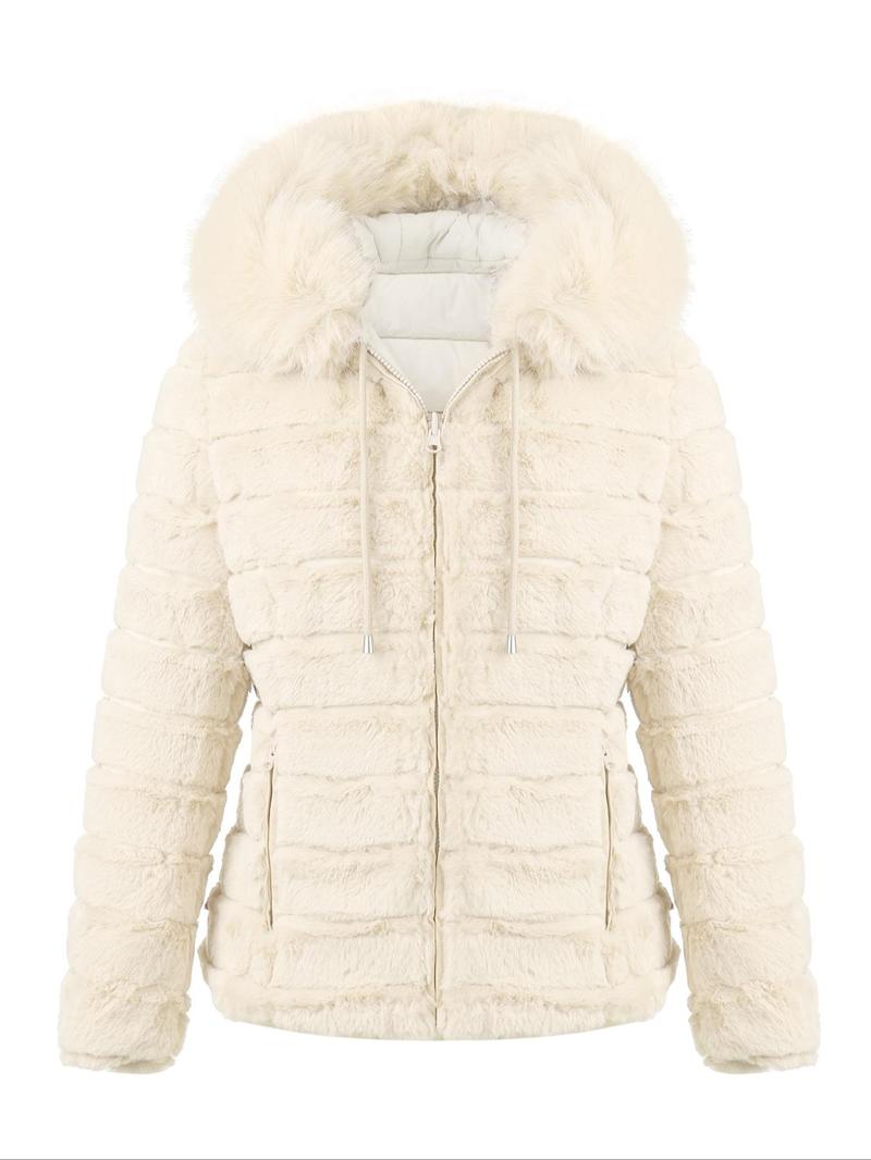 Product Introduction of Women's Solid Color Contrast Faux Fur Reversible Hooded Jacket, Casual Warm Long Sleeve Drawstring Quilted Coat for Fall & Winter, Women's Clothing for Daily Wear 3