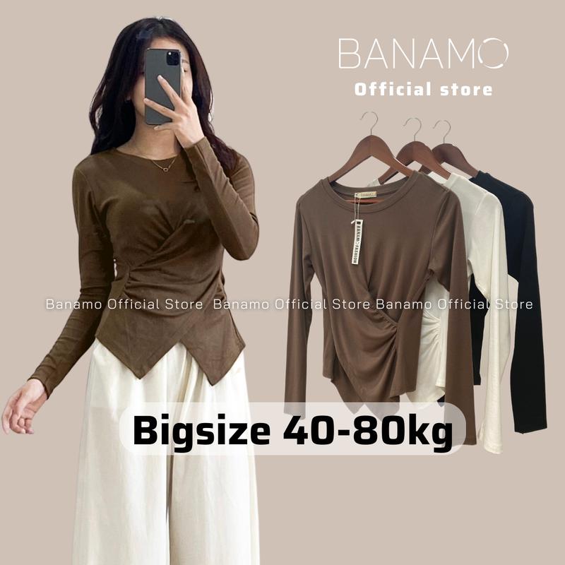 Áo thun nữ BIGSZE Banamo Fashion áo thun trơn dài tay nhúm eo vạt chéo 3113 Top Cổ Tròn Sơ Mi Women Sò