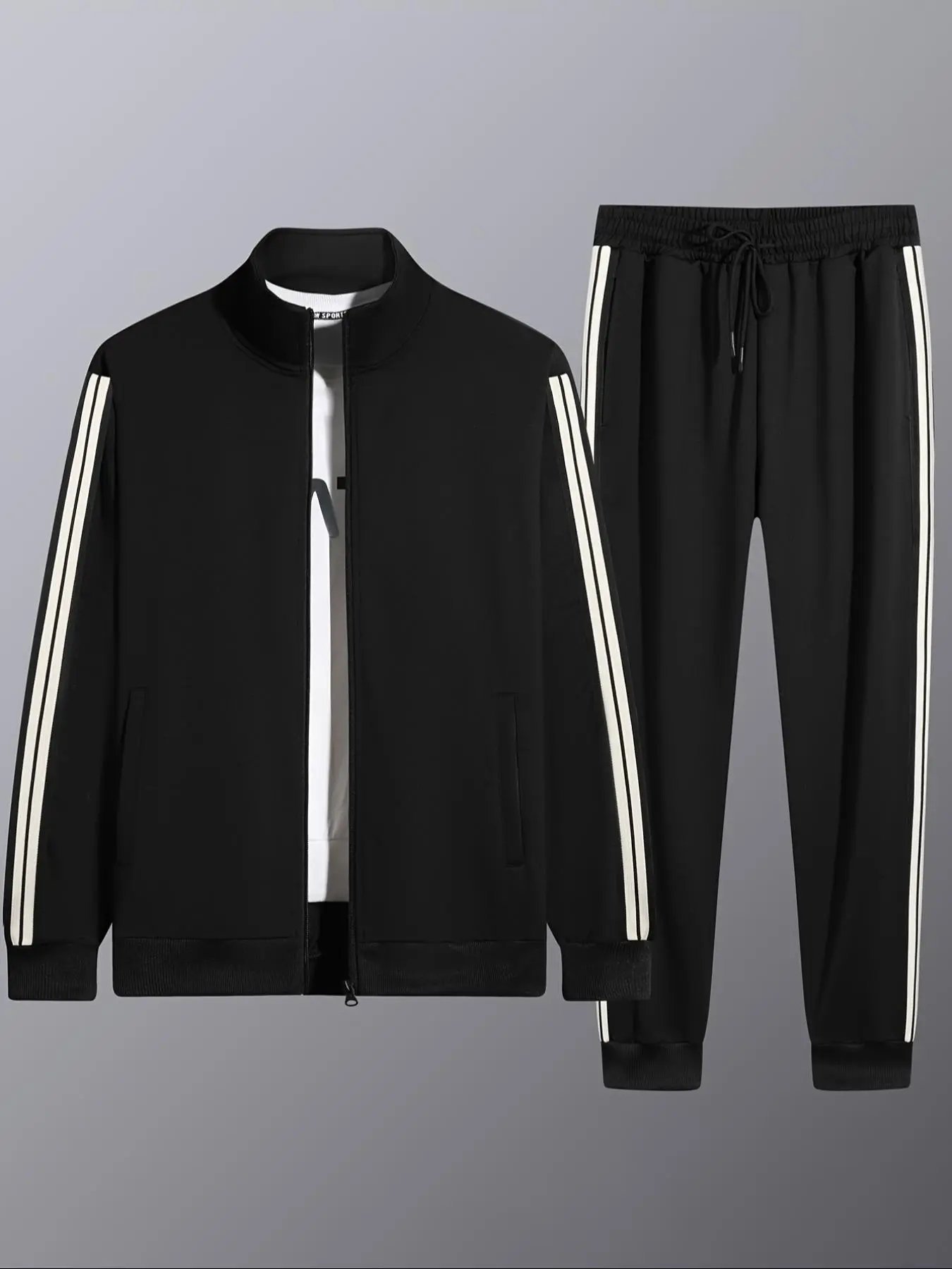 Men's Striped Trim Zip Up Jacket & Pants Set, Loose Casual Fashion Cozy Breathable Outfits for Daily Outdoor Wear, Tracksuit, Men's Clothes for Spring & Fall