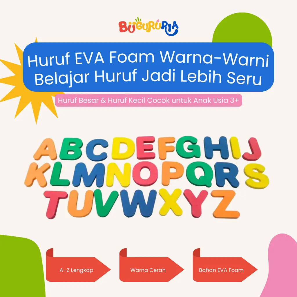 BuGuruRia - Huruf EVA Foam A-Z Anak | Huruf Timbul Edukatif TK PAUD | Mainan Belajar Alphabet Warna-Warni
