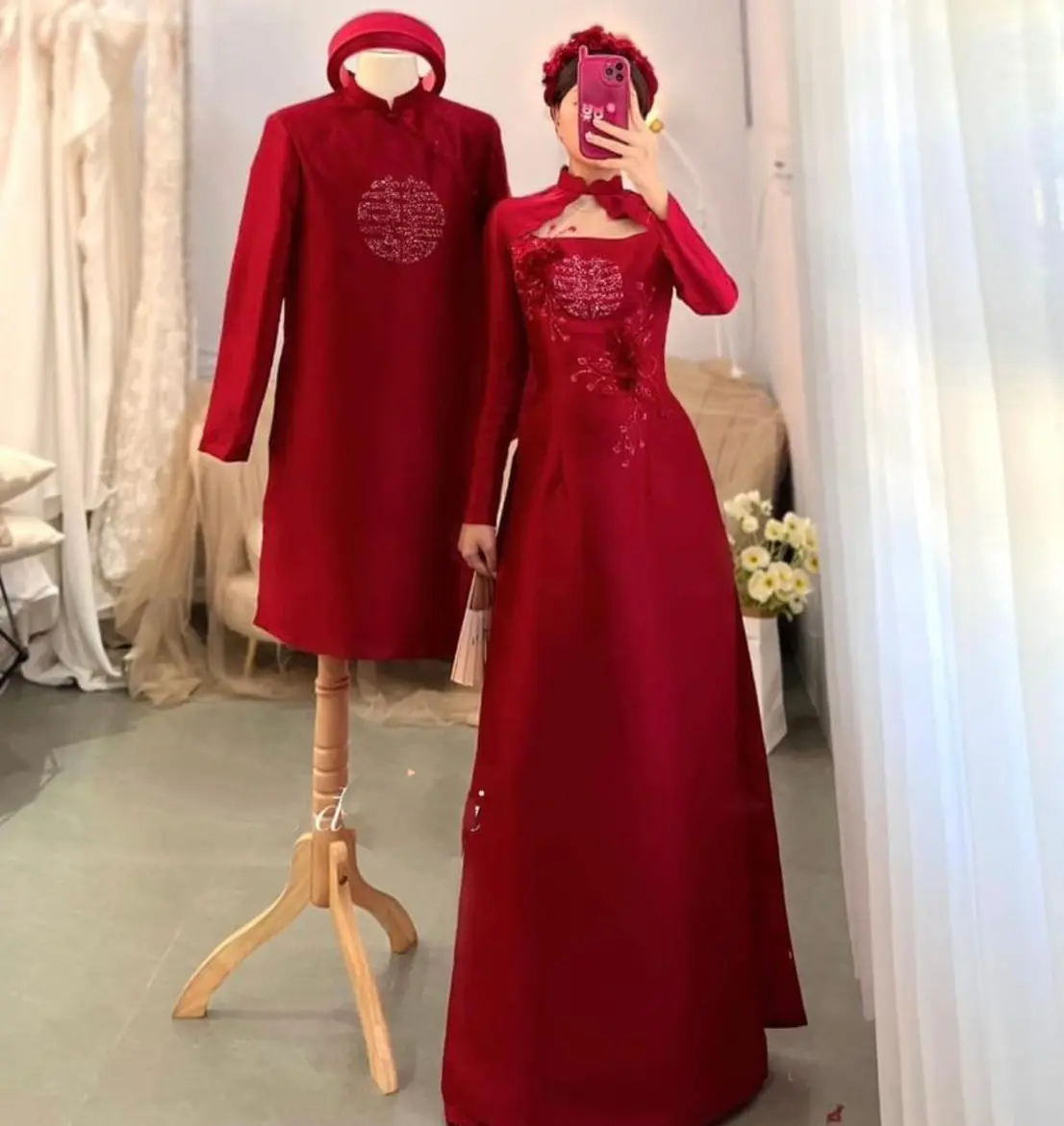Áo dài  cặp dâu rể (tặng kèm mấn) đính kết thủ công chất liệu tacta cao cấp/ mẫu 2023 Nữ Áo Cưới Nữ Váy Cưới