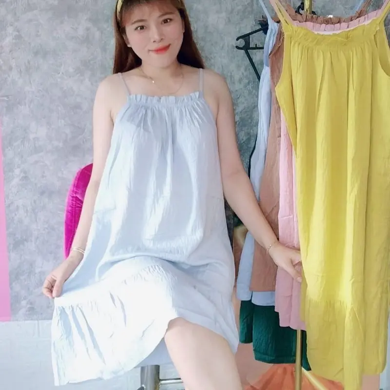 Váy nữ hai dây vải Đũi xốp mềm mát Freesize từ 40-60kg Đầm Women Dress Đỏ Khuy Umi 7