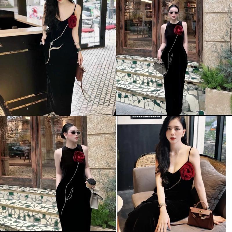 Váy Nhung Khâu Đá đính kết Hoa hồng