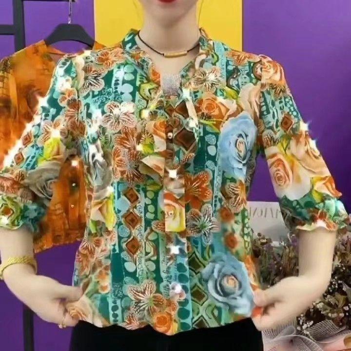 Áo Voan, Phong Cách Mới, Dành Cho Mẹ TRUNG NIÊN, Thời Trang, Áo Sơ Mi Nhỏ Phong Cách Phương Tây, In Cao Cấp, Cài Nút, Dáng Rộng Vừa Vặn, Áo Thanh Lịch, Dành Cho Nữ 1