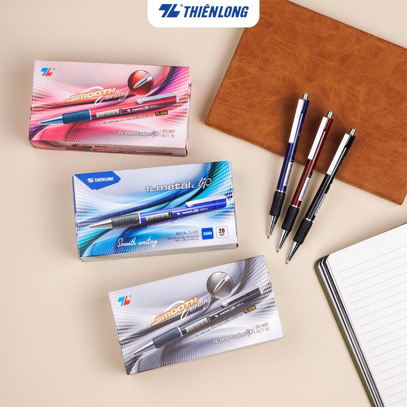  Combo 5 10 Bút Bi Thiên Long TL-036 ngòi 0.7mm mực xanh đỏ đen giắt kim loại mạ crom đệm cầm tay cao su êm 