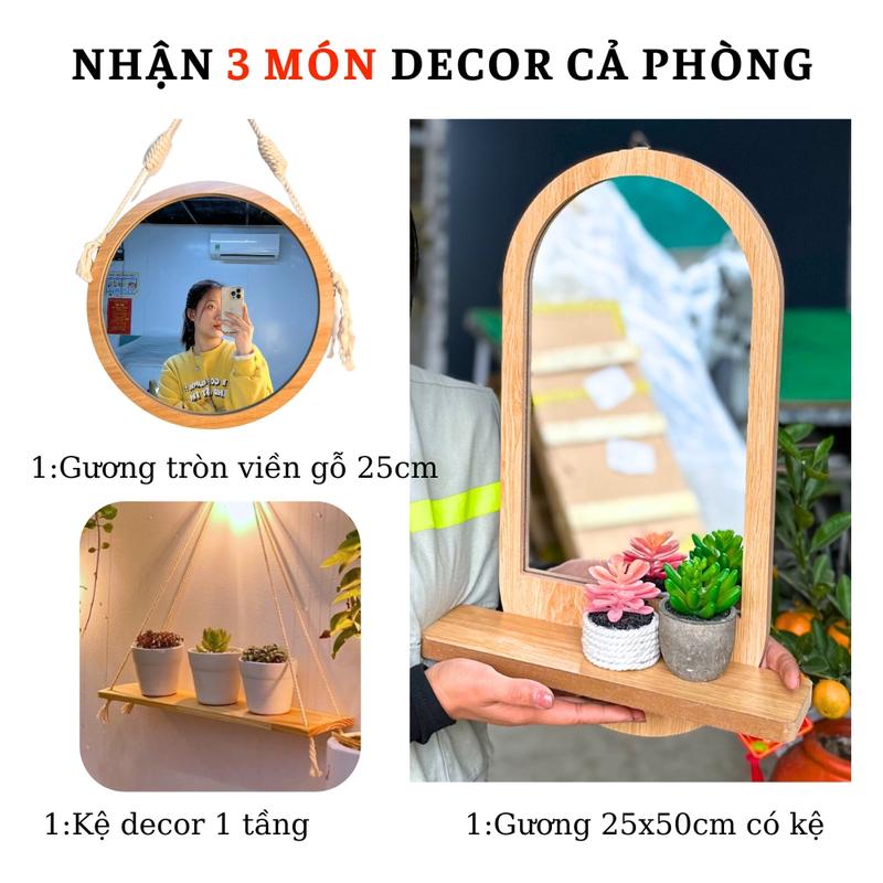 Gương trang điểm kèm kệ Decor Phòng siêu đẹp, kích thước 25x50cm phù hợp trang điểm soi mặt, tặng kệ decor 1 tầng, tặng gương tròn treo tường viền gỗ 25cm.