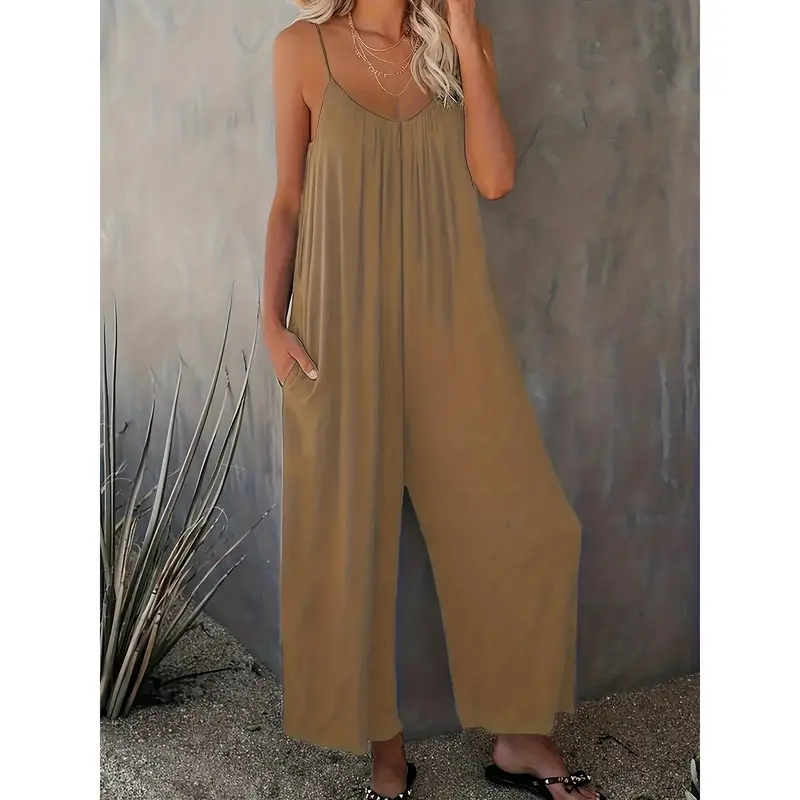 Plus Size Basic Jumpsuit, Women's Plus Solid V Neck Wide Leg Summer Cami Jumpsuit 4