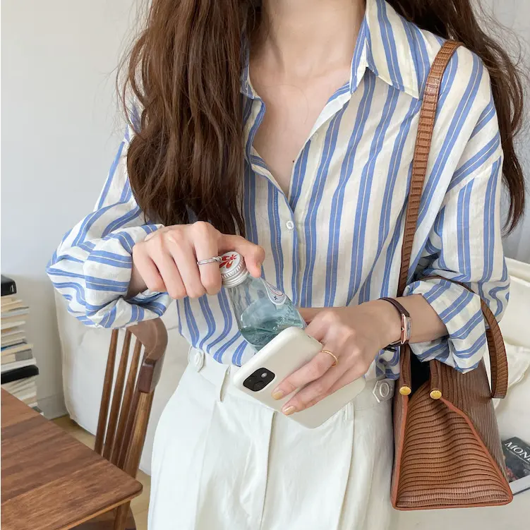 Polo cổ áo Xanh Biển và áo sơ mi sọc trắng sang trọng dành cho phụ nữ, đầu mùa thu, phong cách Hàn Quốc, thiết kế đẹp, mặc áo sơ mi voan dài tay Women Top Shirt