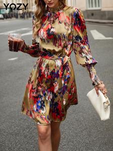 YOZY Women's All Over Print Belted Satin Dress, Elegant Long Sleeve Dress for Party Holiday Wedding Guest, Ladies Clothes for All Seasons