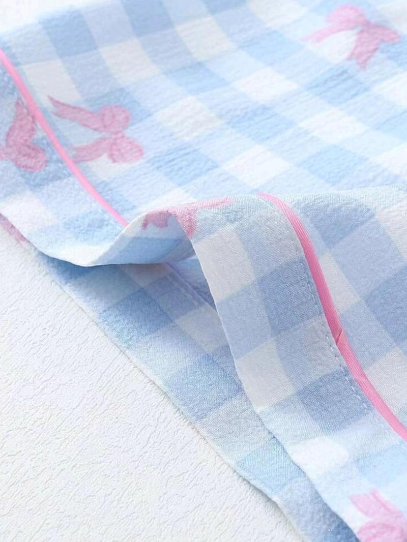 Product Introduction of Women's Bow Print Shirt & Elastic Waist Shorts Pyjama Two-piece Set, Casual Comfy Short Sleeve Collared Top & Shorts Set, Ladies Summer Sleepwear 4