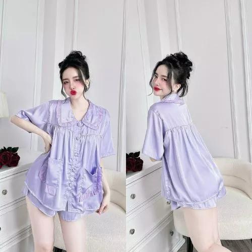 Product Introduction of Freesize (65Kg-90Kg) Bộ Pijama Đùi Nữ Áo Baby Doll Cổ Bèo Vải Lụa Latin Có Nút Bọc, Quần Đùi Ống Rộng Có Túi, Quần Áo Ngủ 2