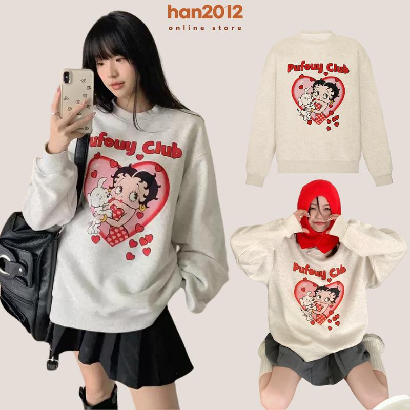 Áo Nỉ Sweater Pufouy Club Hình In Xinh Xắn Form Rộng Dành Cho Nữ Màu Trắng Xám Women Top