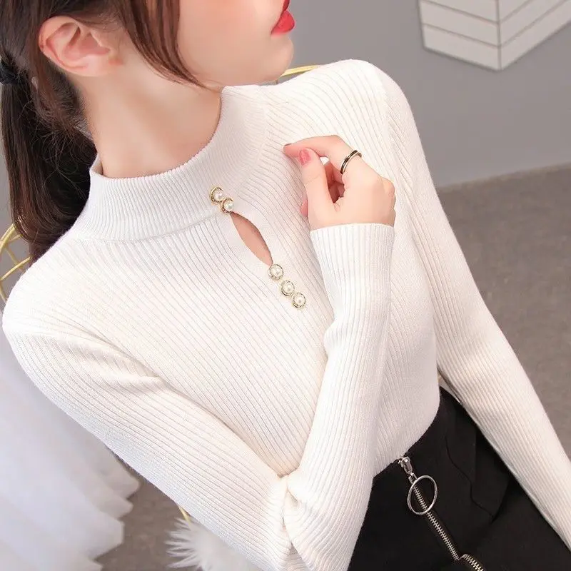 Áo Len Phong Cách Hàn Quốc Màu Trơn, Dáng Ôm, Cổ Tròn, Khoét Lỗ, Áo Dưới