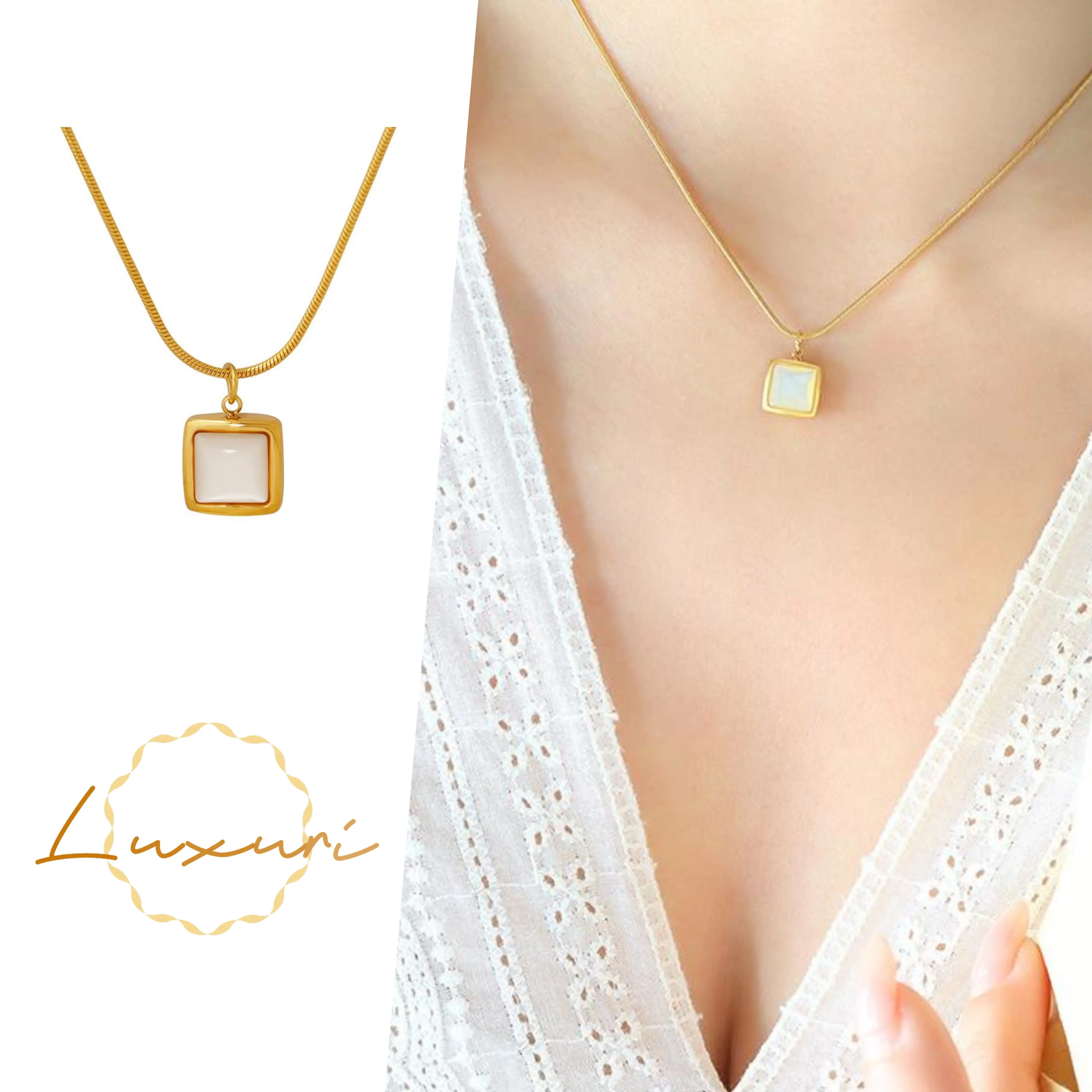 Parisian Square Pendant Necklace ◼️ Mother-of-Pearl Inlay Cool-Toned Jewelry · Medical-Grade Titanium Steel · Hypoallergenic & Corrosion Resistant · Commute-Optimized Featherlight Chain