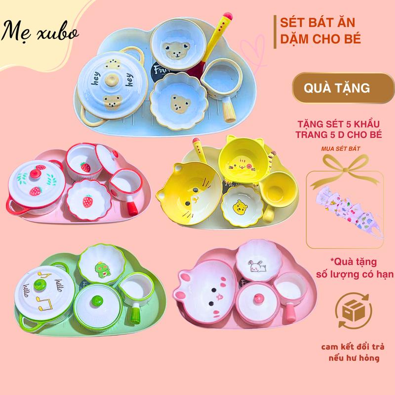 Bộ Dụng Cụ Ăn Dặm Sứ Cao Cấp Mẹ Xubo - Sử Dụng Cho Bé Từ 6 Tháng Tuổi - Bao Gồm Bát, Khay, Và Thìa Báo Nóng - Họa Tiết Đáng Yêu