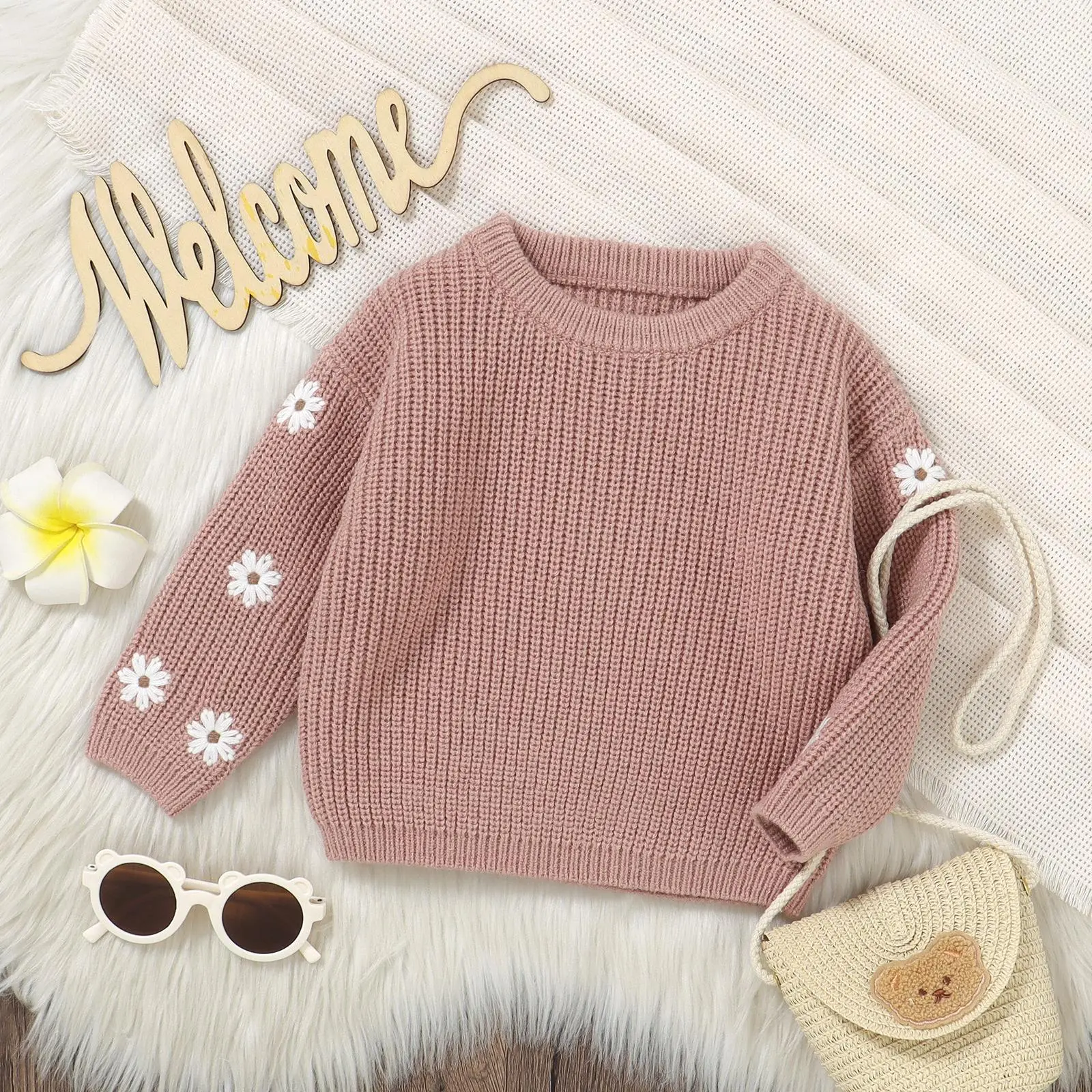 Newborn Girl Sweater Casual Floral Embroidery Warm Knitted Long Sleeves Pullover Infant Knitwear for Toddler