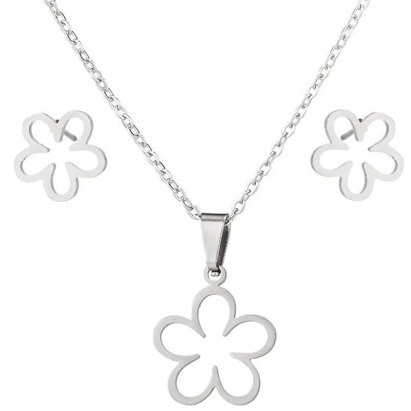 Product Introduction of Ins Style New 18K Gold Plated Stainless Steel Hollow Flower Earrings Korean and Japanese Niche Pendant Necklace Two-Piece Set 7
