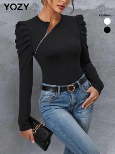 YOZY Women's Plain Zipper Asymmetrical Split Leg-of-mutton Sleeve Bodysuit, Elegant Long Sleeve Round Neck Button Closure Crotch Bodysuit for All Seasons, Valentine's Day Gift for Girl, Women's Clothes for Daily Wear