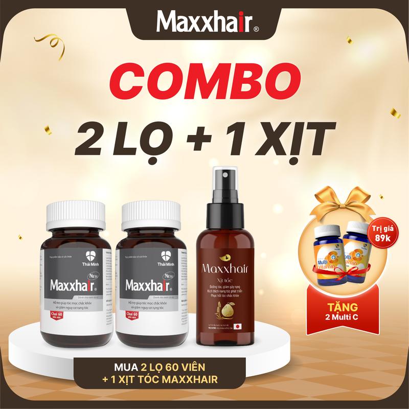[COMBO 1 THÁNG LỌ VIÊN UỐNG + XỊT]: Mua 2 lọ viên uống MAXXHAIR + 1 Xịt tóc Maxxhair - TẶNG 2 Multi Vitamin C 30 viên - Sản phẩm dành cho người bị rụng tóc nhiều và hỗ trợ giúp tóc chắc khoẻ - Lọ 60 viên, Xịt 150ml