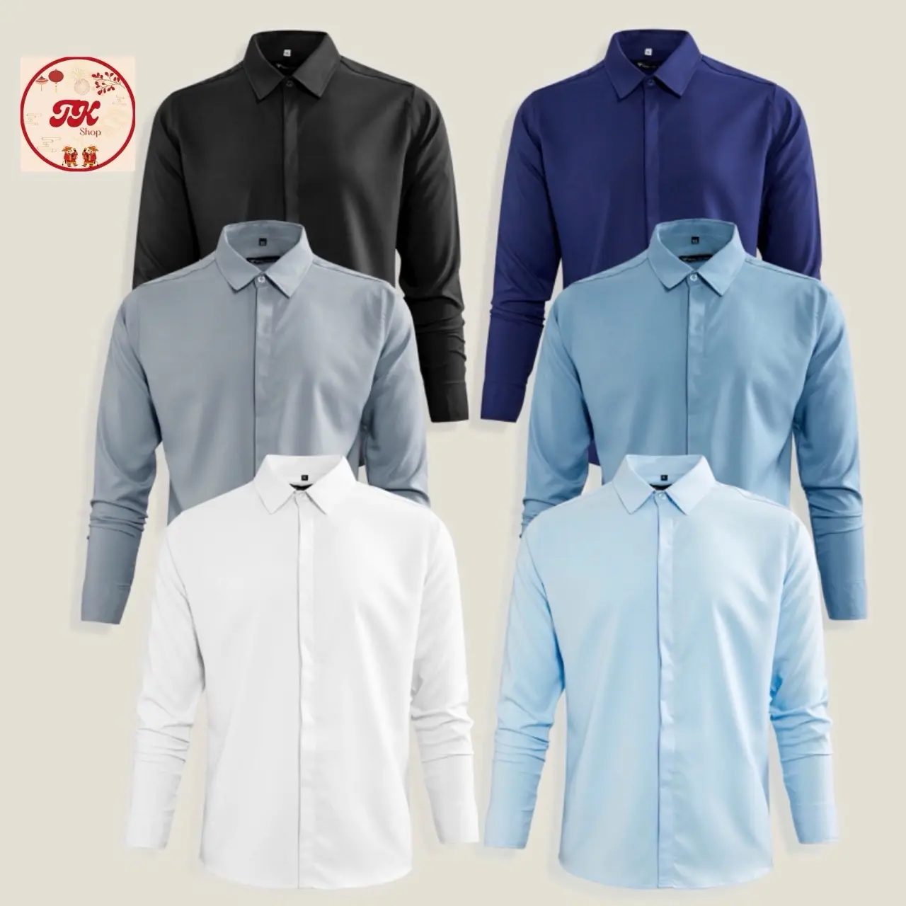Áo Sơ Mi Nam Trắng Đen Trơn Màu Lụa Dài Tay Nẹp Cúc Chống Nhăn Menswear Nam Có Cổ Trơn Đen Cổ Tròn