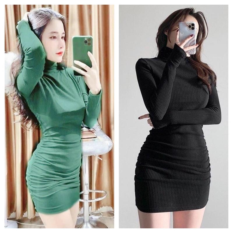 Váy body cổ lọ dài tay nhún eo 3 màu xinh