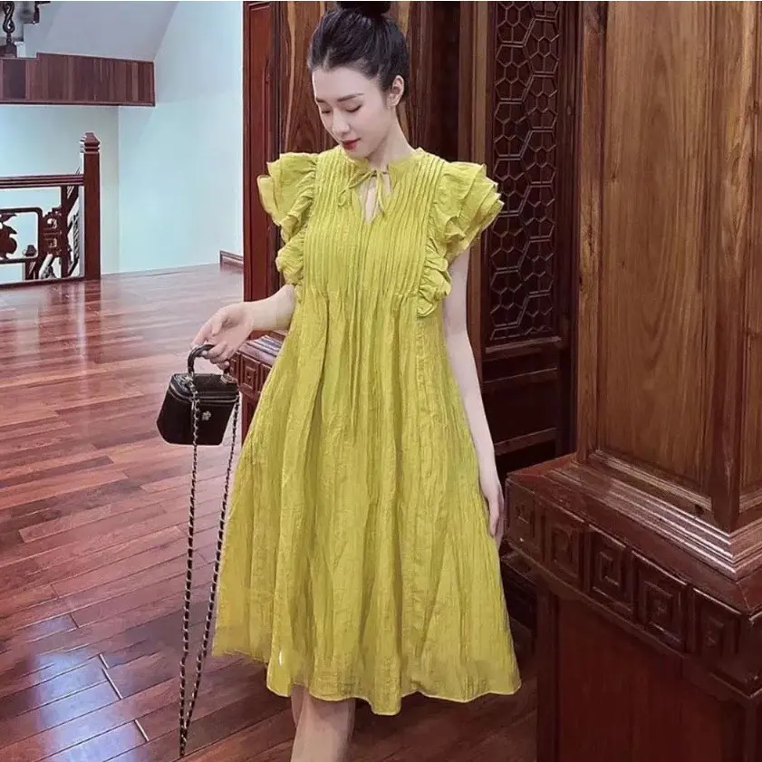 Đầm babydoll Nữ cột nơ tay cánh tiên đũi tơ hai lớp cao cấp kèm hình thật video - M1 Women Dress