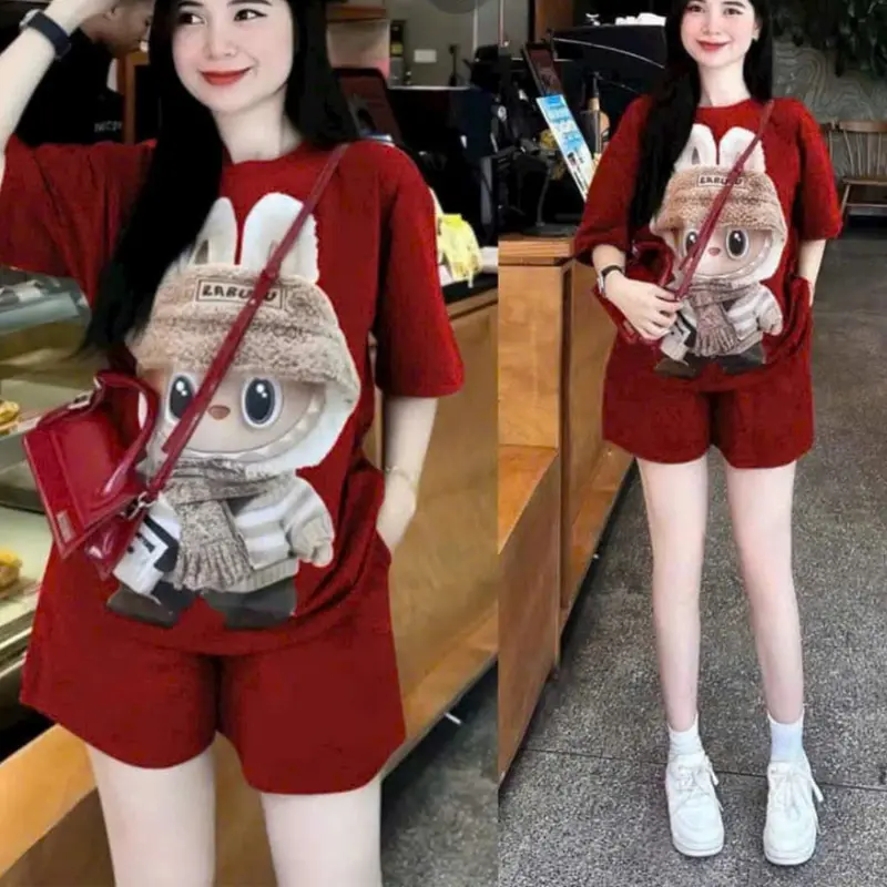 Set đồ bộ nữ mùa hè mặc nhà bộ quần áo thể thao quần đùi áo phông phom rộng 40-70kg in labubu 3