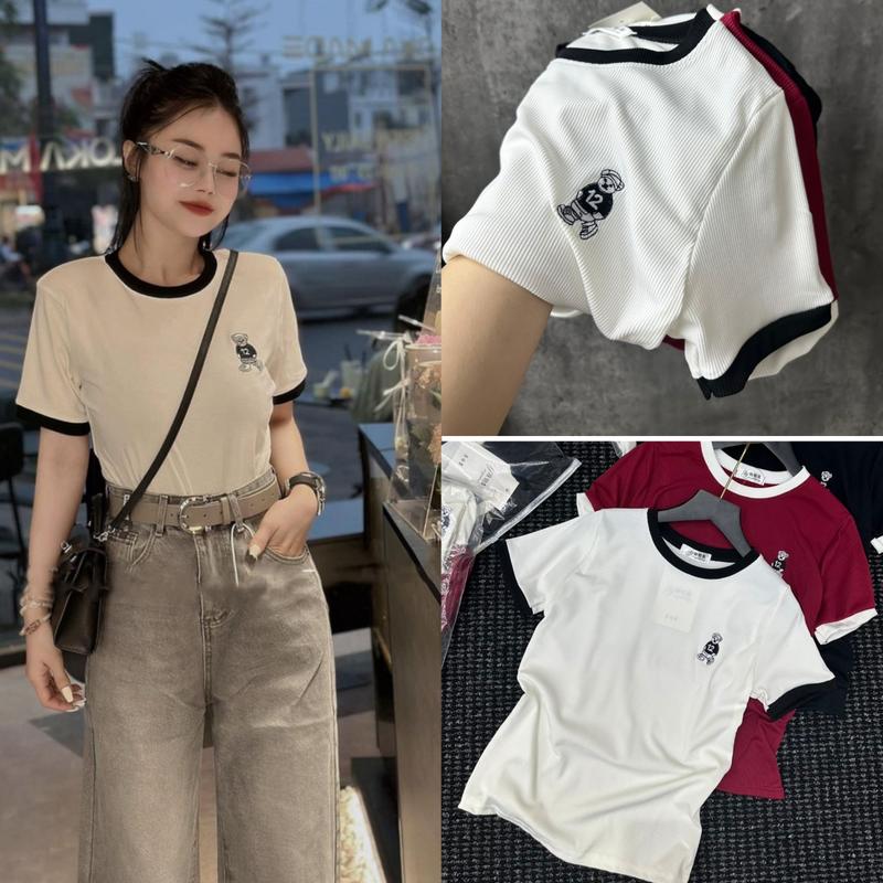 Áo Len tăm nữ ngắn tay Thêu Gấu nữ kiểu cổ tròn chất vải tăm mịn mát màu Đen trắng Đỏ Áo thun cộc tay nữ vải Đẹp dày dặn co giãn Women Top Dài Tay Sò